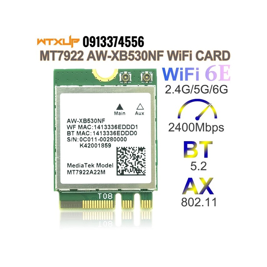 Card MediaTek Wi-Fi 6E MT7922 M.2 NGFF 2.4G/5G/6G 2400Mbps bluetooth 5.2