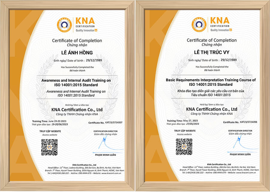 Chứng nhận sau khi hoàn thành khóa học ISO 14001 của KNA