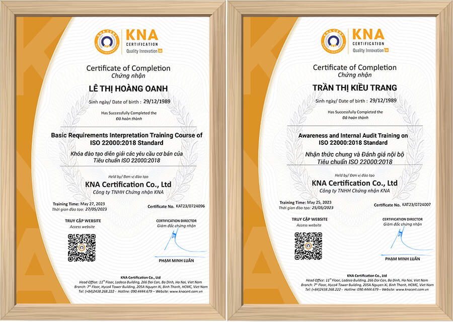 Chứng nhận hoàn thành khóa học ISO 22000 tại KNA