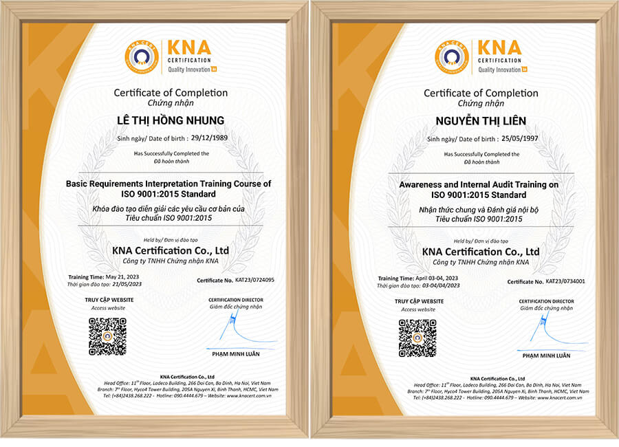 Chứng nhận sau khi hoàn thành khóa đào tạo ISO 9001 tại KNA