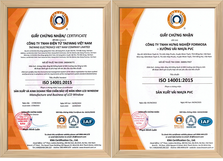 Chứng chỉ ISO 14001 được cấp bởi KNA có dấu công nhận Quốc tế