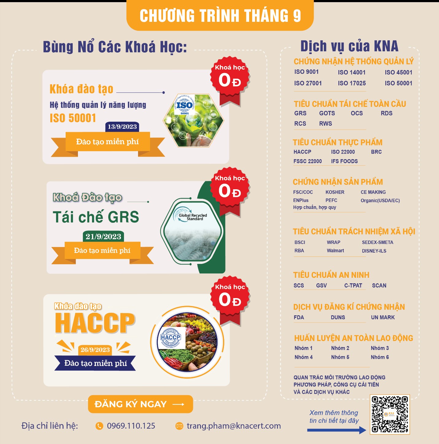 danh sách khóa học tháng 9