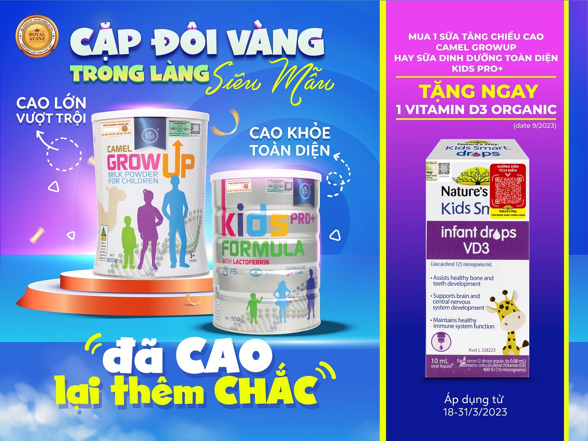 Tặng 1 lọ Nature’s Way VD3 Drops trị giá 420k – Khi mua sữa Kids Pro+ hoặc Camel Growup của Royal Ausnz