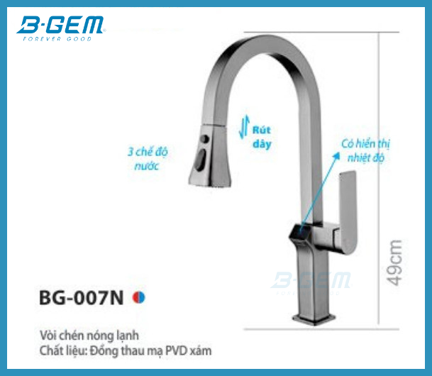 VÒI CHÉN CAO CẤP DÂY RÚT HIỂN THỊ NHIỆT B-GEM BG-007N