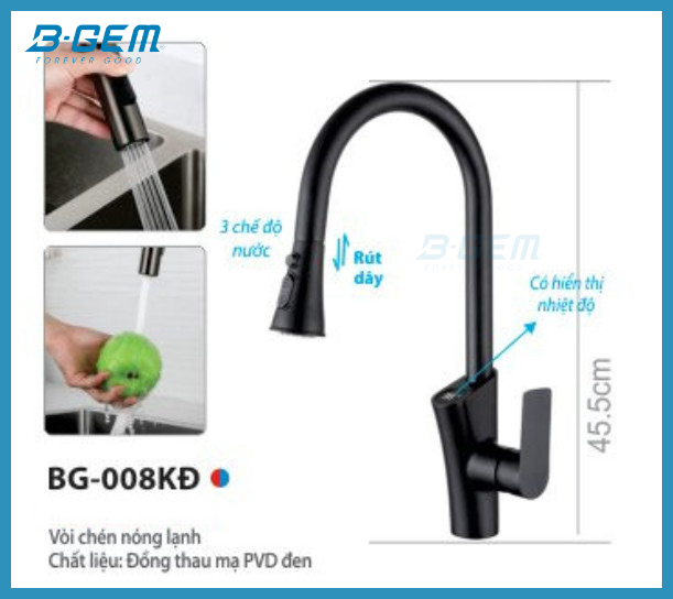 VÒI CHÉN CAO CẤP DÂY RÚT HIỂN THỊ NHIỆT B-GEM BG-008KĐ