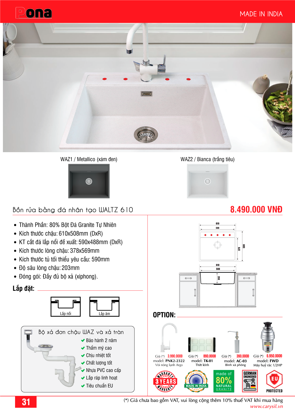 Chậu Rửa PONA WAZ2/Bianca