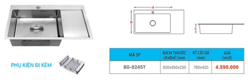 CHẬU 1 HỘC CÁNH CHỜ INOX SUS304 B-GEM BG-8245T