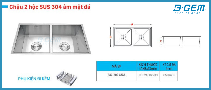 Chậu 2 Hộc Lắp Âm SUS304 B-GEM BG-9045A