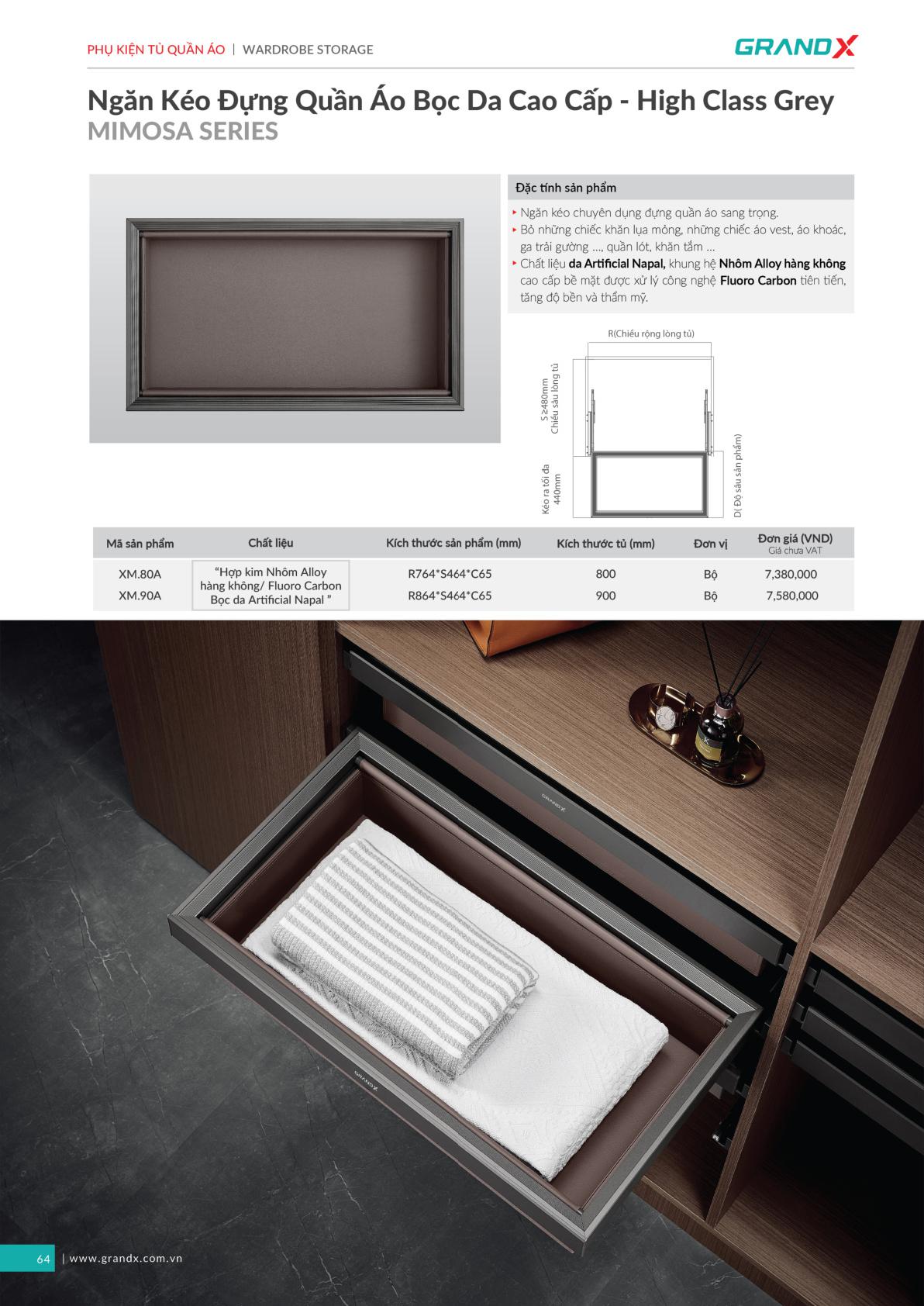 Ngăn Kéo Đựng Quần Áo Bọc Da Cao Cấp - High Class Grey GrandX XM.80A