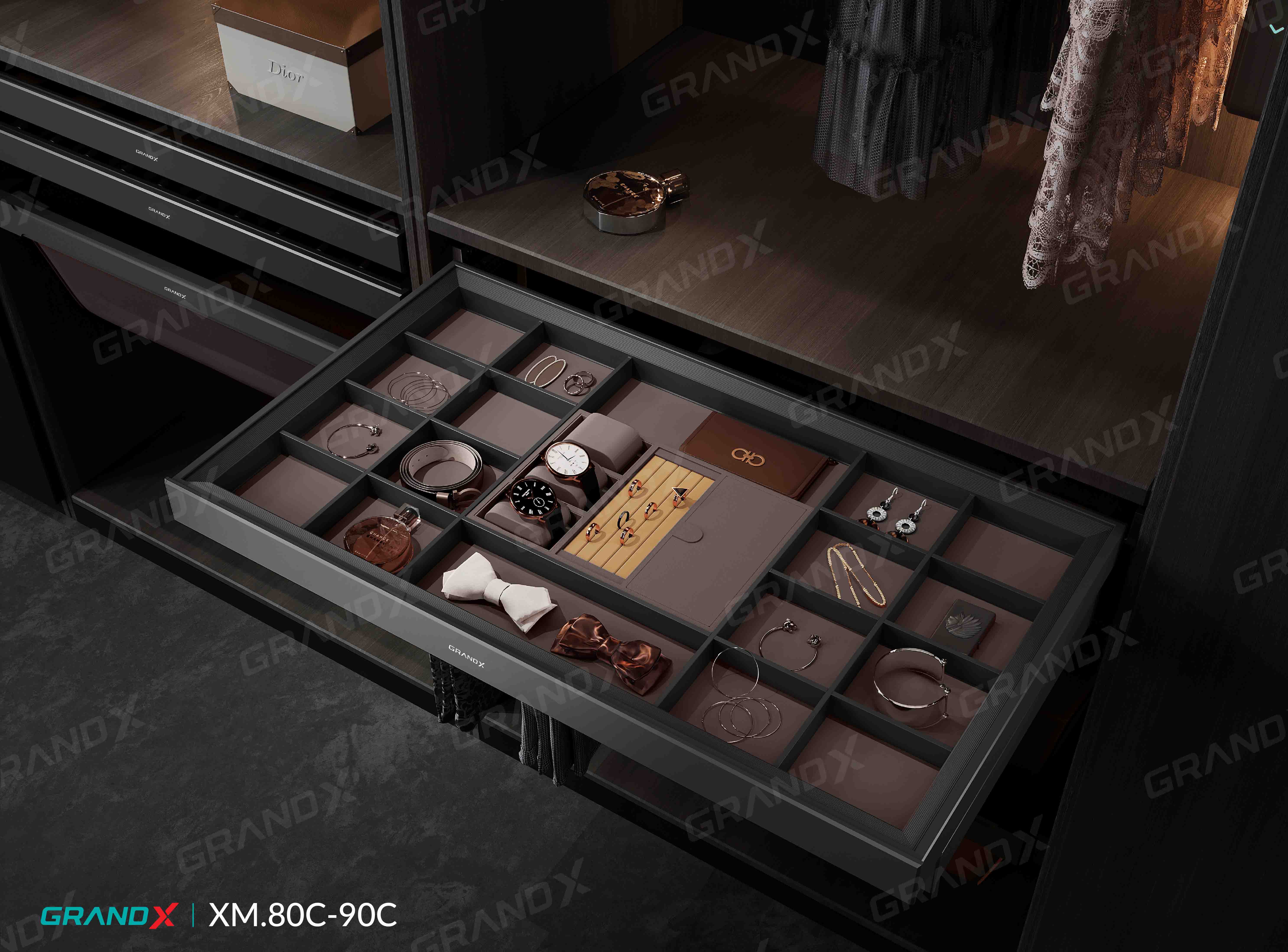 Ngăn Kéo Đồ Trang Sức Bọc Da Cao Cấp - High Class Grey GrandX XM.90C
