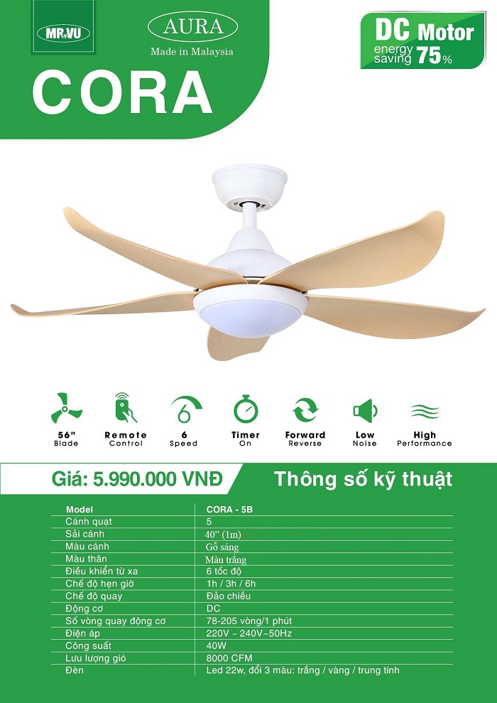 Quạt Trần Cho Người Giàu MR.VŨ CORA.5B Trắng Sải Cánh 1M