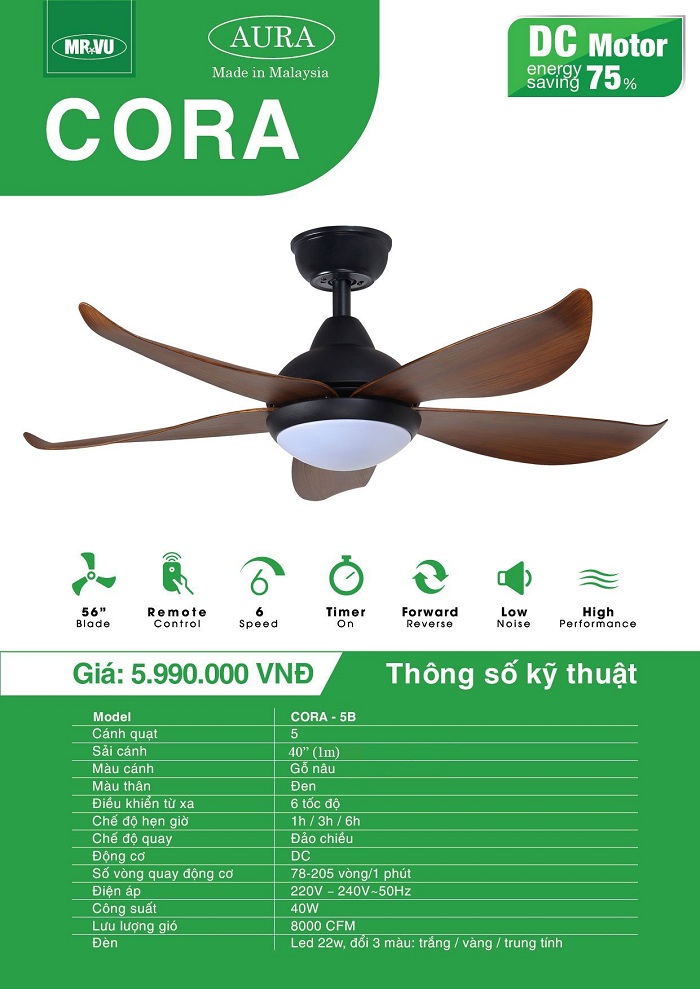Quạt Trần Cho Người Giàu MR.VŨ CORA.5B Đen Sải Cánh 1M