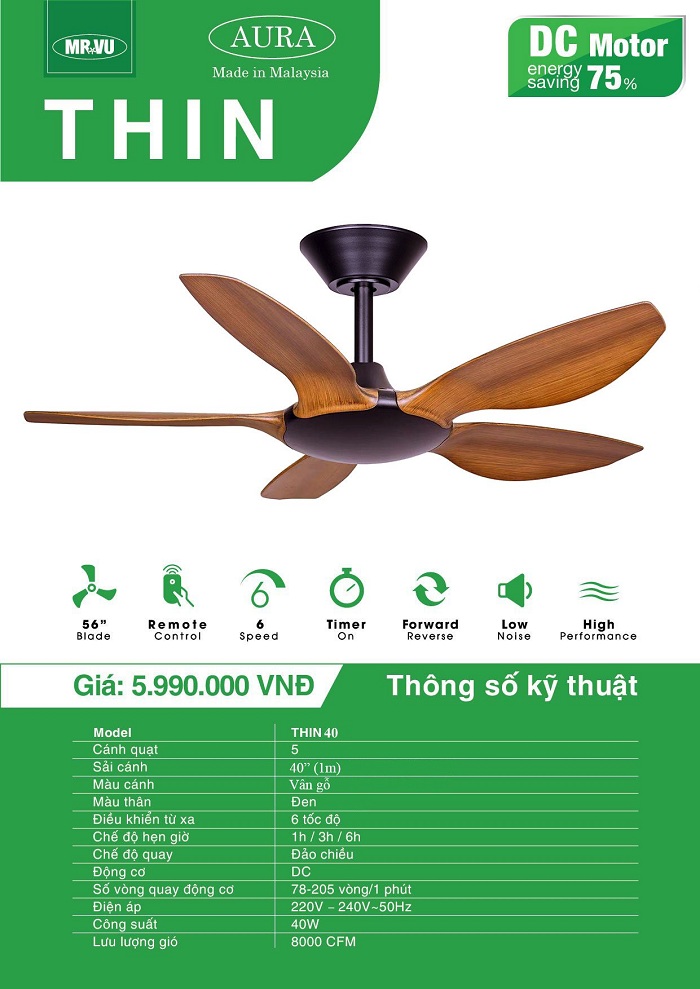 Quạt Trần Cho Người Giàu MR.VŨ THIN 40 Đen