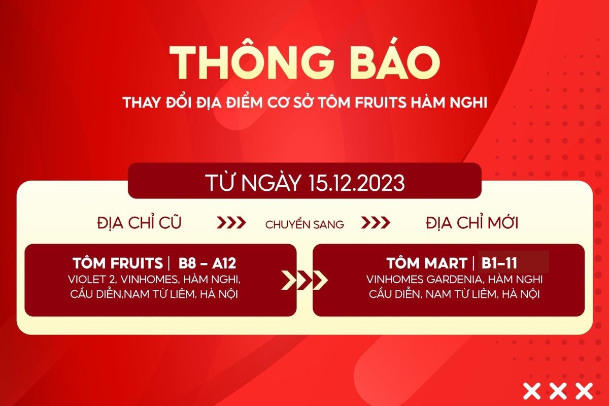 Thông báo thay đổi địa điểm cửa hàng Tôm Fruits Hàm Nghi