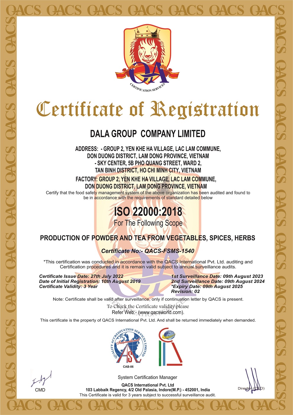 DALAHOUSE ĐẠT CHỨNG NHẬN ISO 22000:2018
