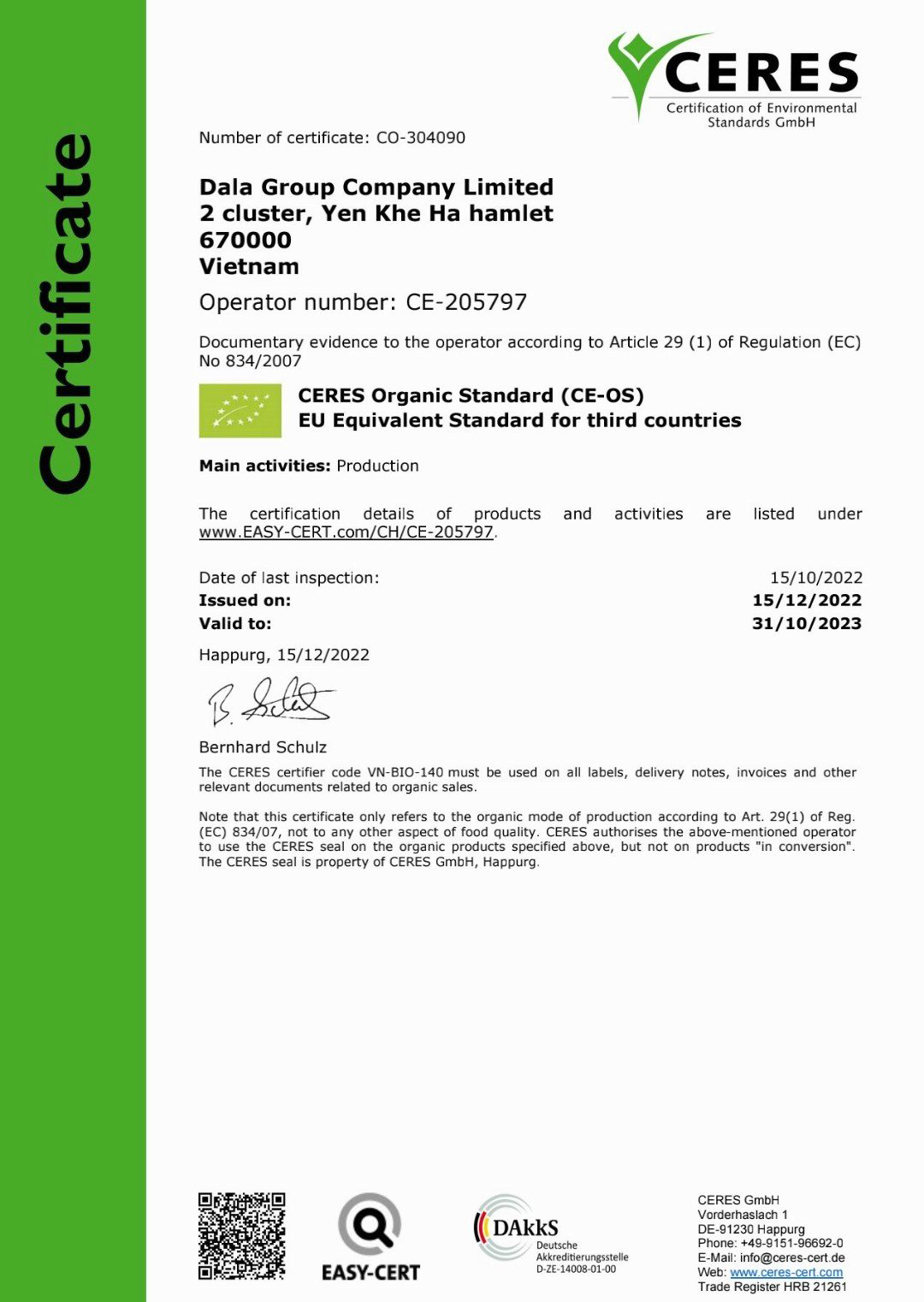 DALAHOUSE ĐẠT CHỨNG NHẬN HỮU CƠ USDA VÀ EU
