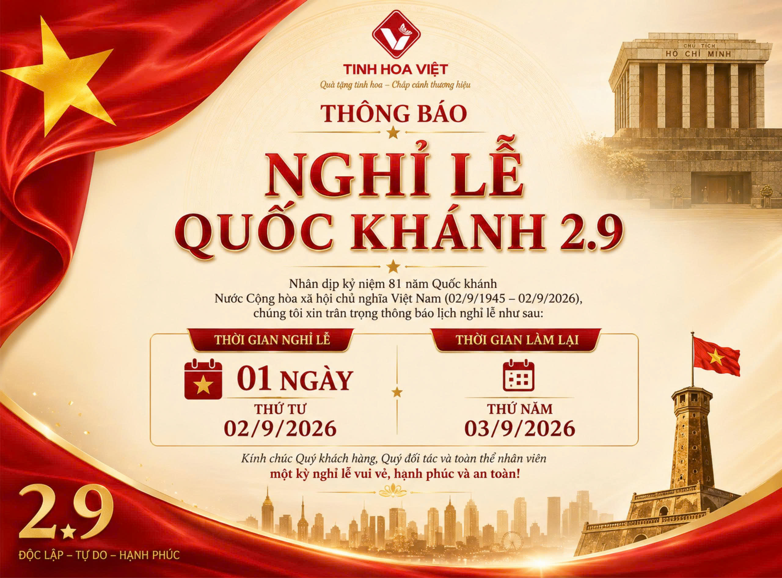 Thông Báo Nghỉ Lễ Quốc Khánh 2/9/2026 | Tinh Hoa Việt