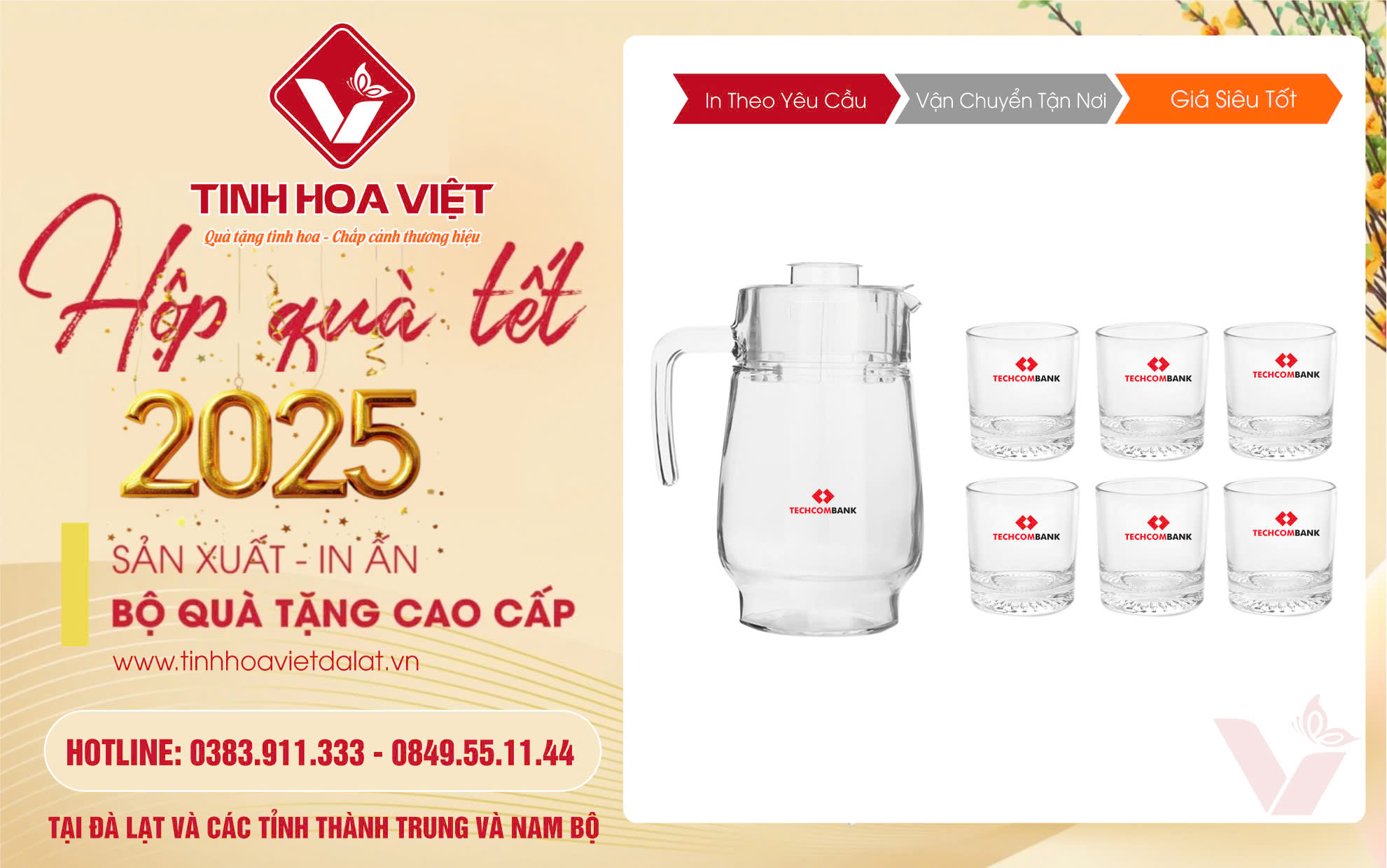 Bình Cốc Thủy Tinh In Logo Quà Tặng Tết Doanh Nghiệp 2025