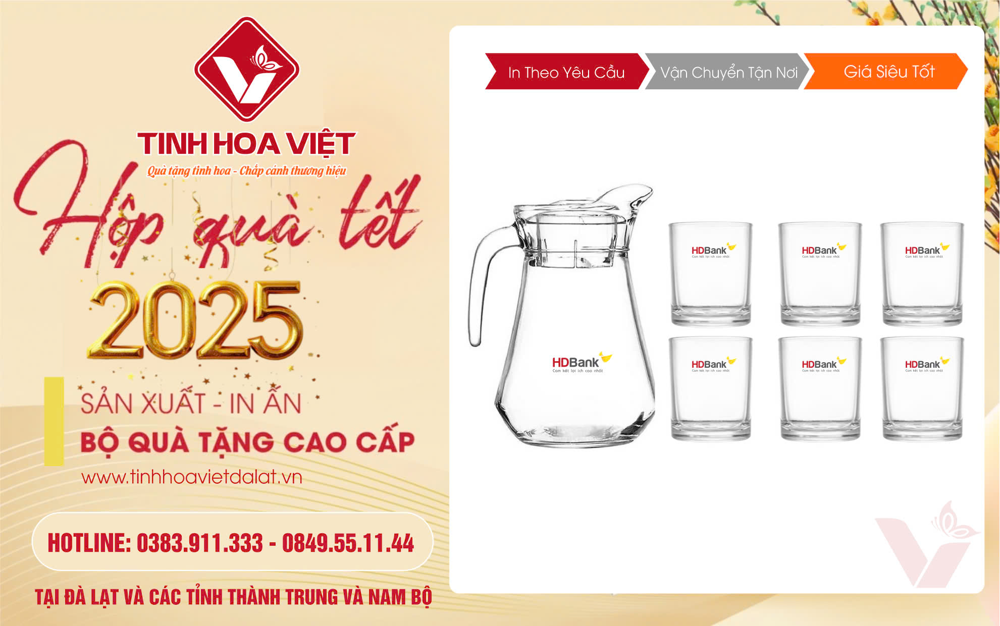 Bình Cốc Thủy Tinh In Logo Quà Tặng Tết Doanh Nghiệp 2025