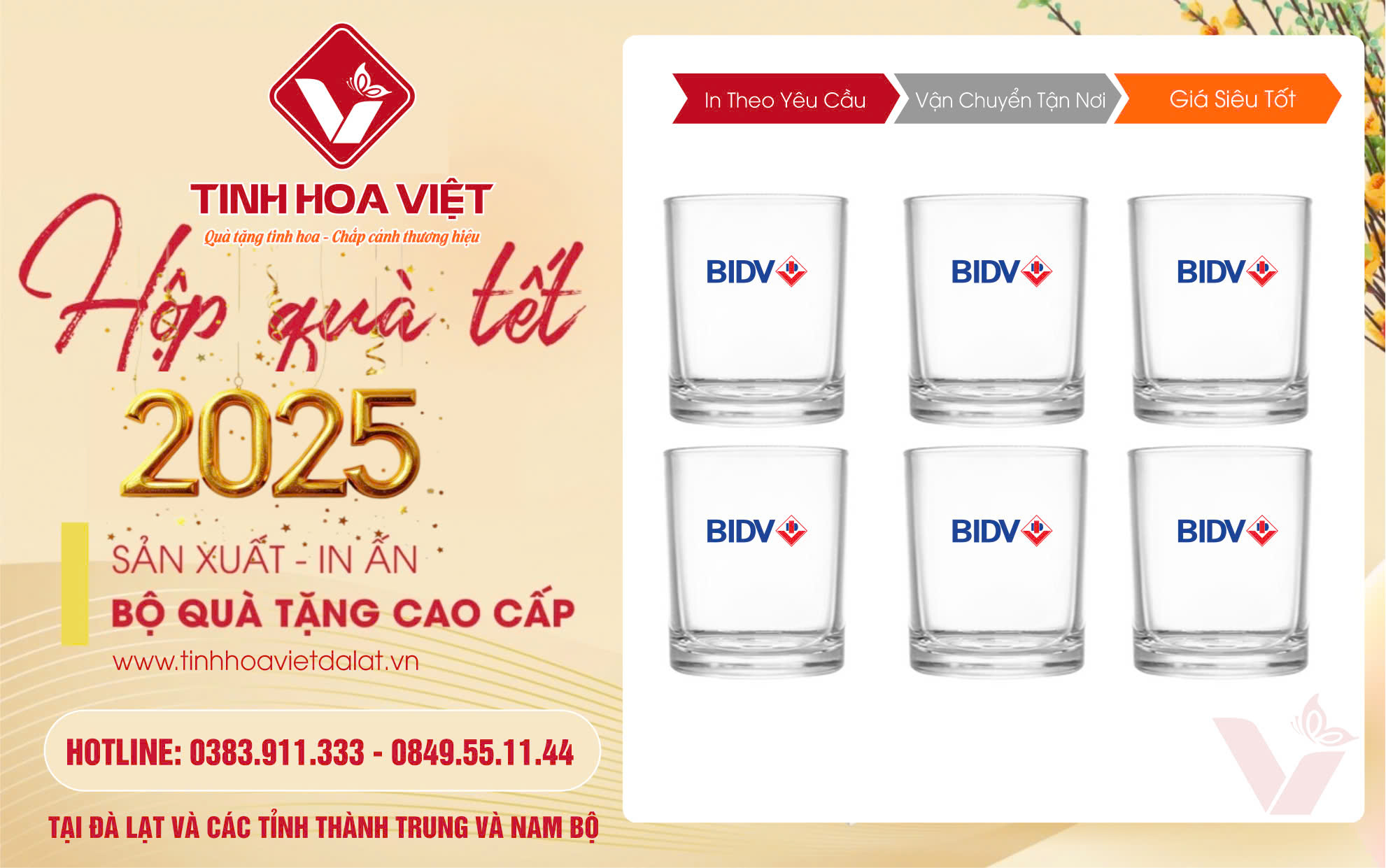 Bình Cốc Thủy Tinh In Logo Quà Tặng Tết Doanh Nghiệp 2025