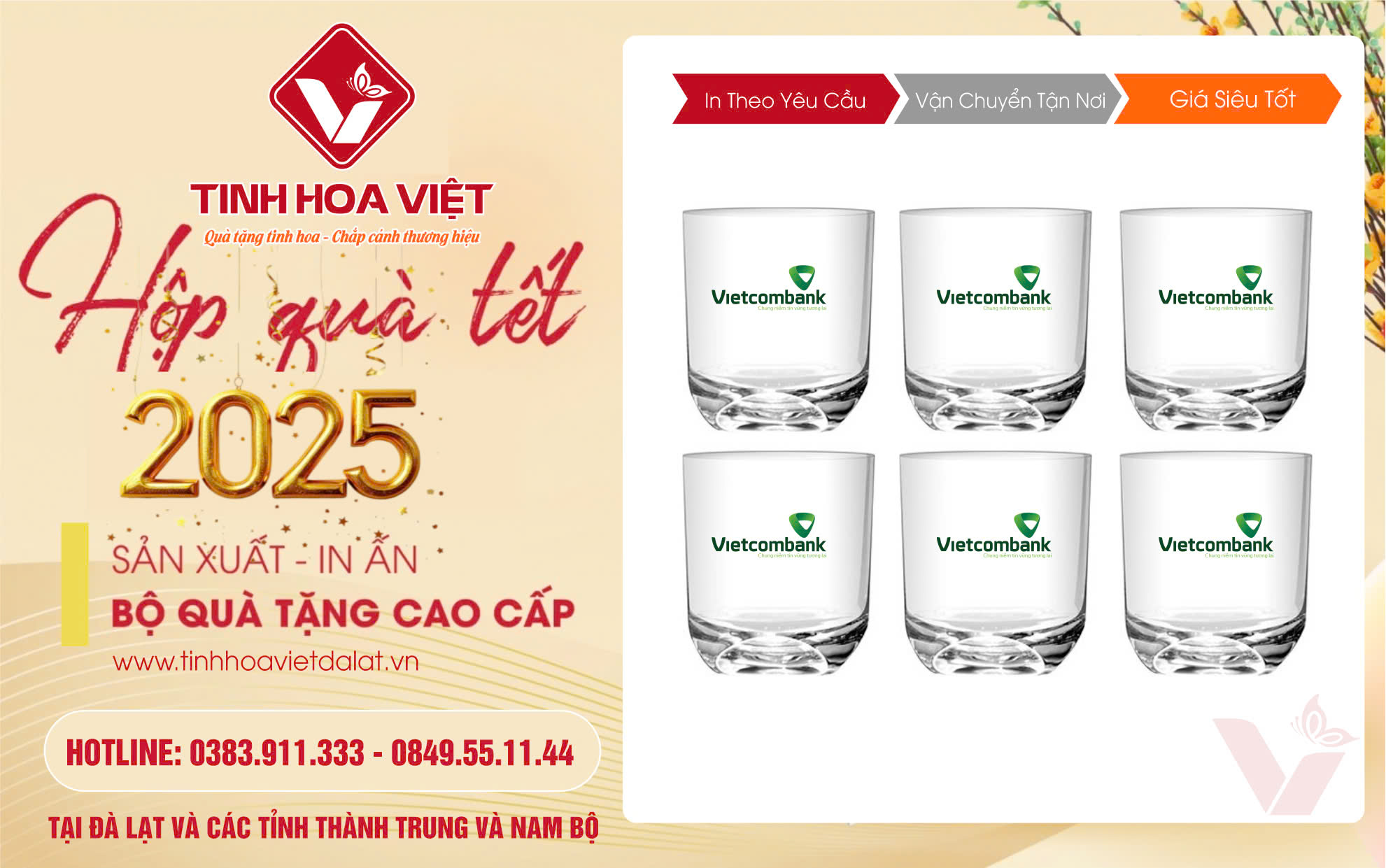 Bình Cốc Thủy Tinh In Logo Quà Tặng Tết Doanh Nghiệp 2025