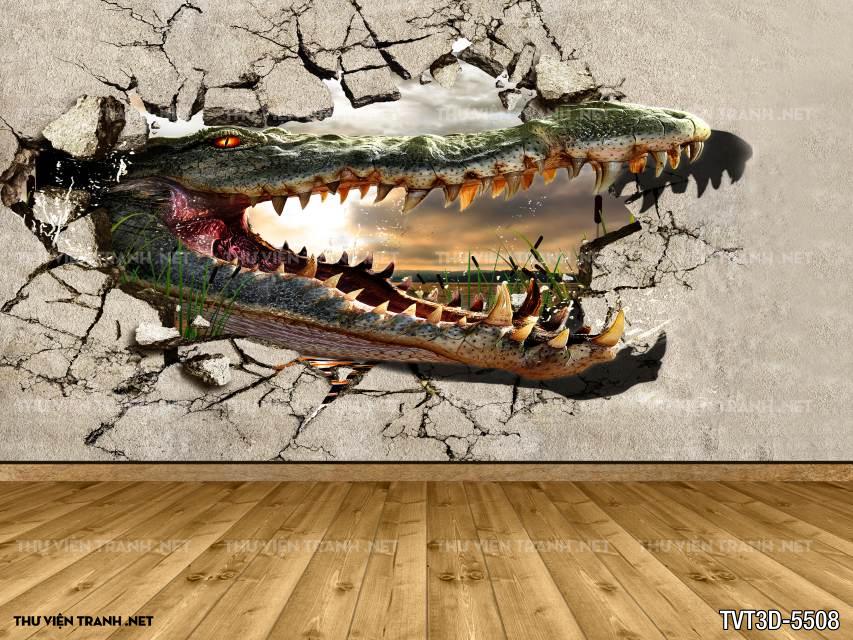 Tranh dán tường 3D  cá sấu