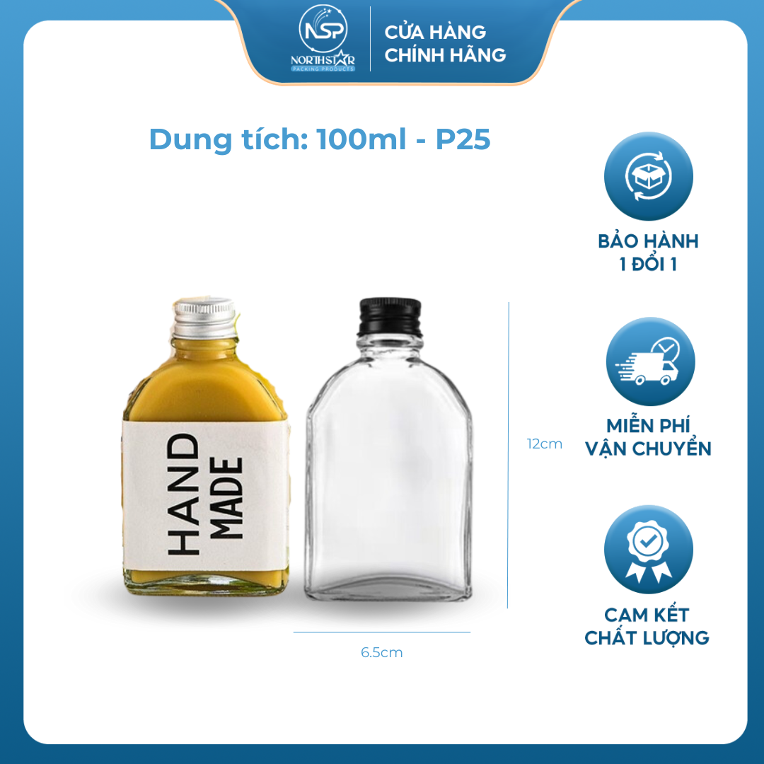 Chai Xén Vai Nắp Nhôm Bạc 100ml P25, Đựng Nước Ép, Cà Phê, Trà Sữa CXV100-B - North Star Packing
