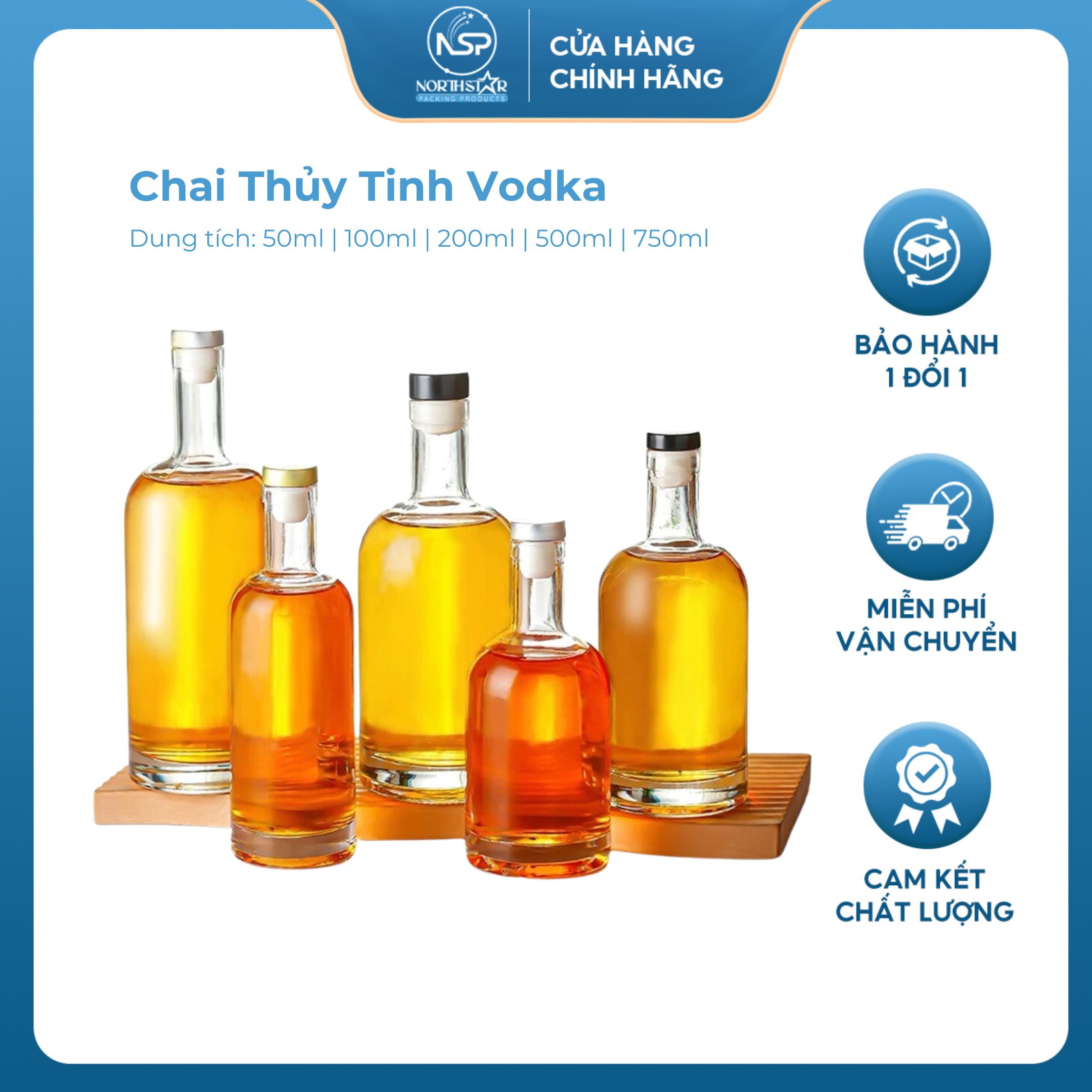Chai Thủy Tinh Vodka/Vỏ Chai Đựng Rượu, Nút Cao Su Bọc Nhôm Vàng, Dung Tích 100ml 200ml 375ml 500ml 750ml 1000ml - North Star Packing
