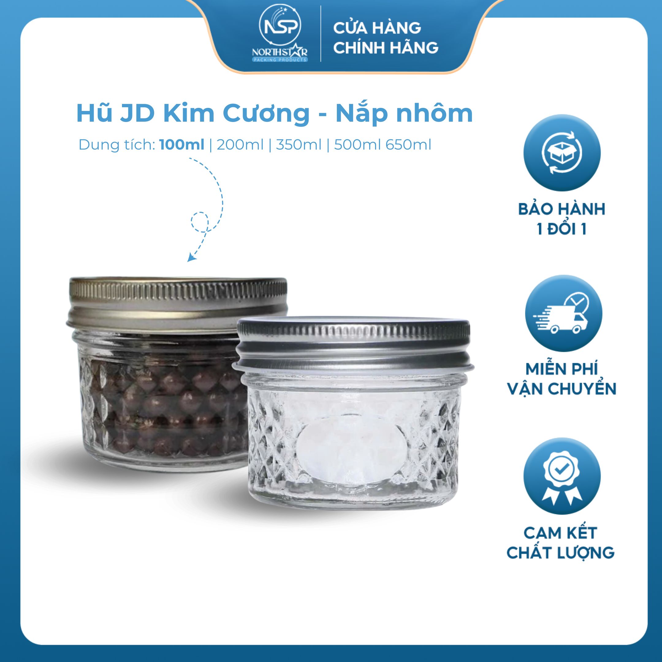 Hũ Thủy Tinh JD Kim Cương Nắp Nhôm 100ml 650ml, Nắp Nhôm Chịu Nhiệt, Làm Sữa Chua , Mứt , Đựng Gia Vị - North Star Packing