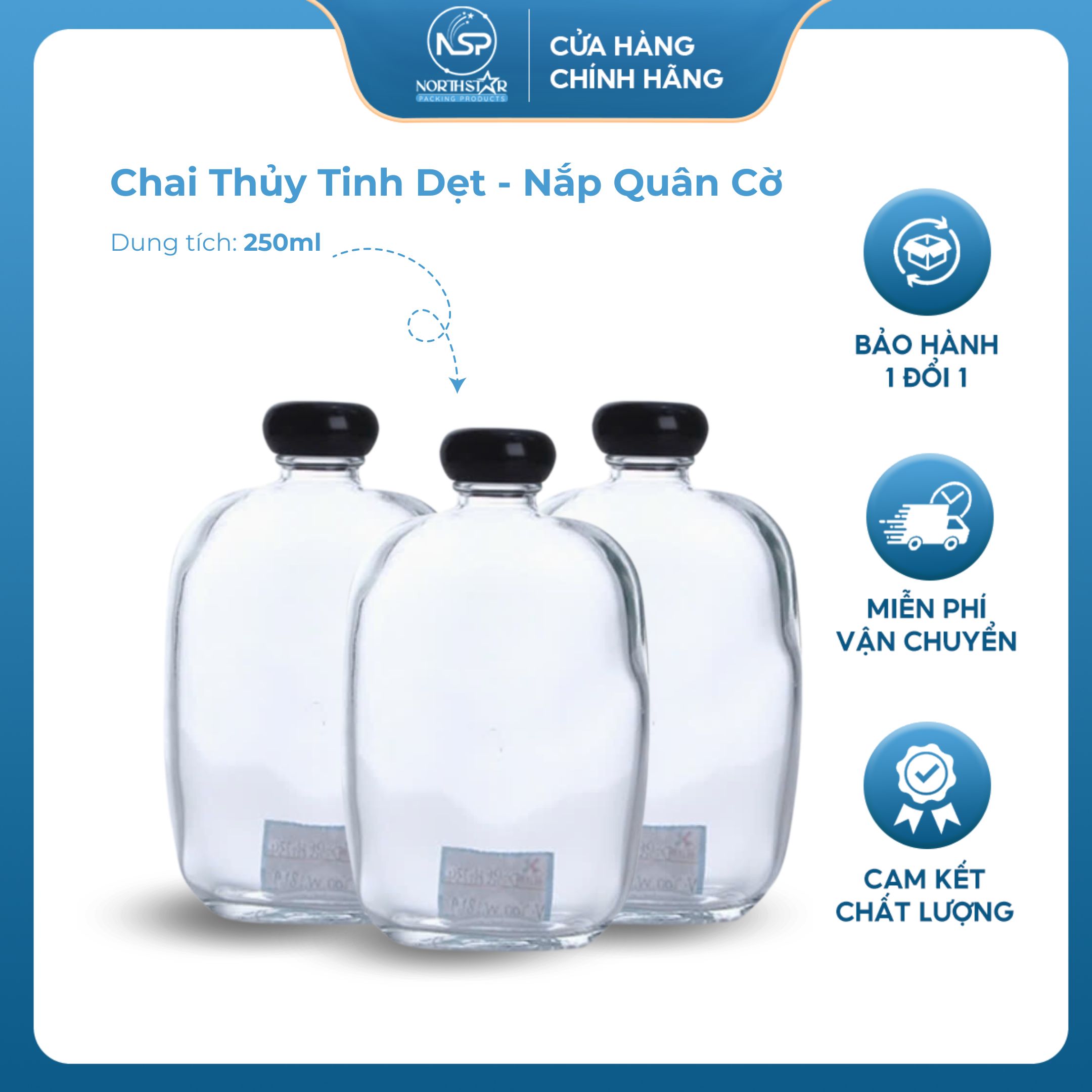 Chai Dẹt Nắp Nhựa Đen/Nắp Quân Cơ Dung Tích 250ml ~ 500ml, Đựng Cà Phê, Nước Ép, Sinh Tố, Rượu - NorthStar Packing