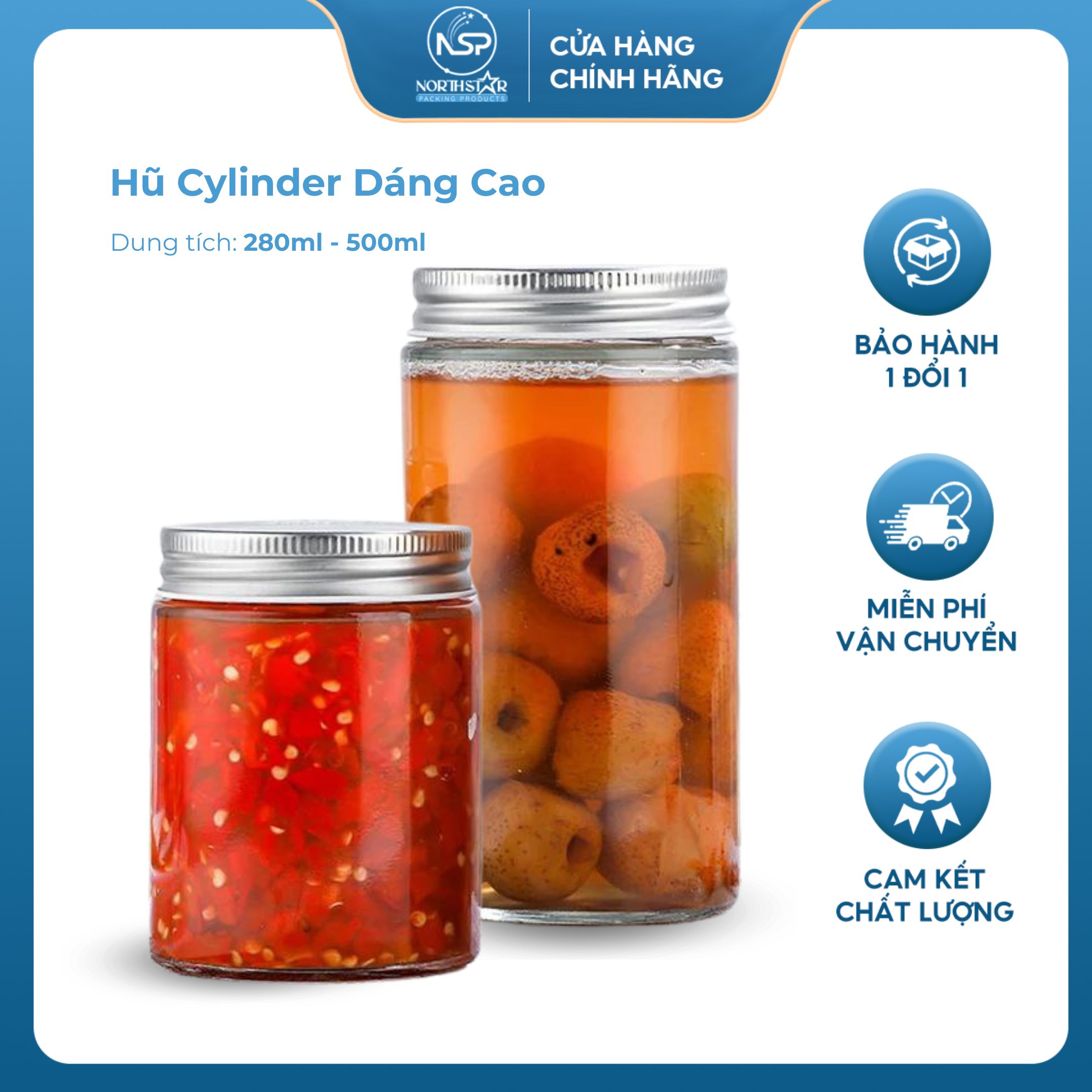 Hũ Thủy Tinh Cylinder Dáng Cao Nắp Nhôm Dung Tích 280ml/ 500ml/ 750ml, Đựng Thực Phẩm, Đồ Khô, Ngũ Cốc - North Star Packing