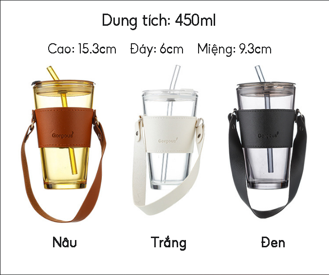 Cốc/Ly Borgous Bao Da 450ml Có Ống Hút– Cốc Thủy Tinh Bọc Da Có Nắp Đựng Nước- North Star Packing