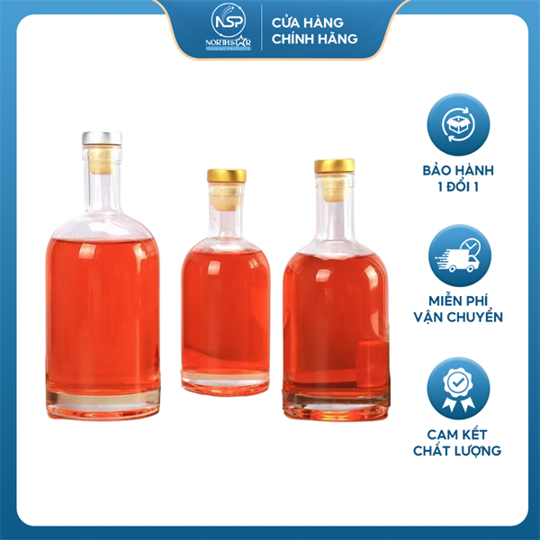 Chai Thủy Tinh Vodka/Vỏ Chai Đựng Rượu, Nút Cao Su Bọc Nhôm Vàng, Dung Tích 100ml 200ml 375ml 500ml 750ml 1000ml - North Star Packing