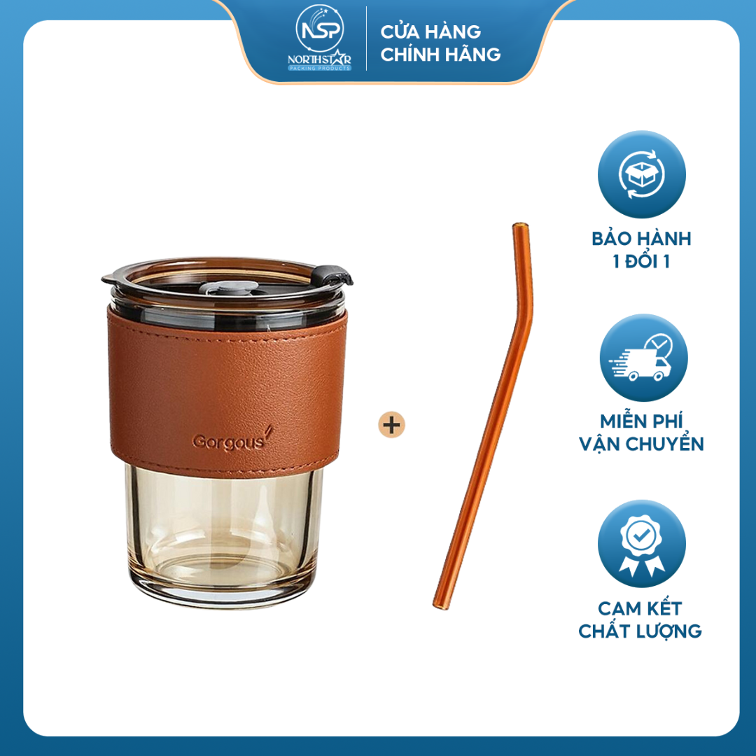 Cốc Thủy Tinh Gorgouse Có Nắp 450ml, Kèm Ống Hút Và Bao Da, 02 Màu Xinh Xắn