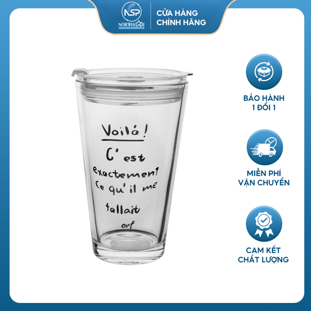 Cốc Thủy Tinh 450ml Có Nắp Và Ống Hút, In Chữ Voilá, Chất liệu Cao Cấp Dày Dặn