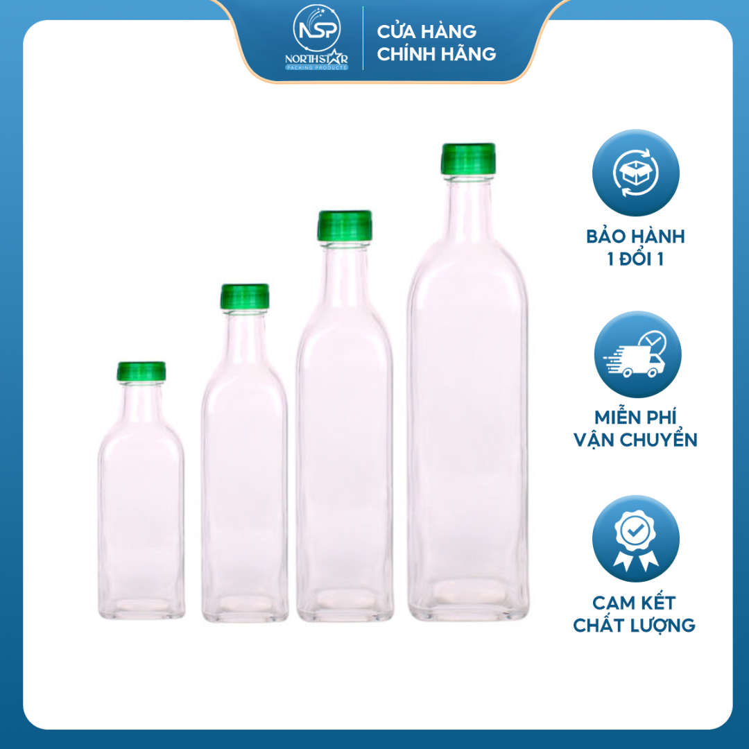 Chai Thủy Tinh Vuông Nắp Nhôm/ Nhựa 500ml, Đựng Nước Mắm, Dầu Ăn, Mật Ong - North Star Packing