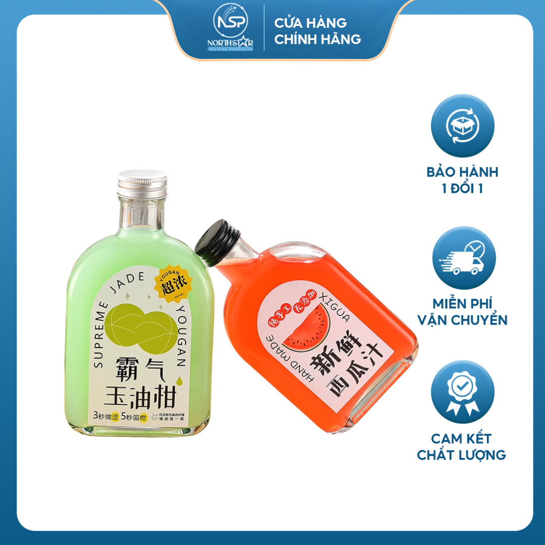 Chai Thủy Tinh Dẹp Cổ Cao Nắp Nhôm 250ML 350ML, Đựng Cà Phê, Nước Ép, Đồ Uống - North Star Packing