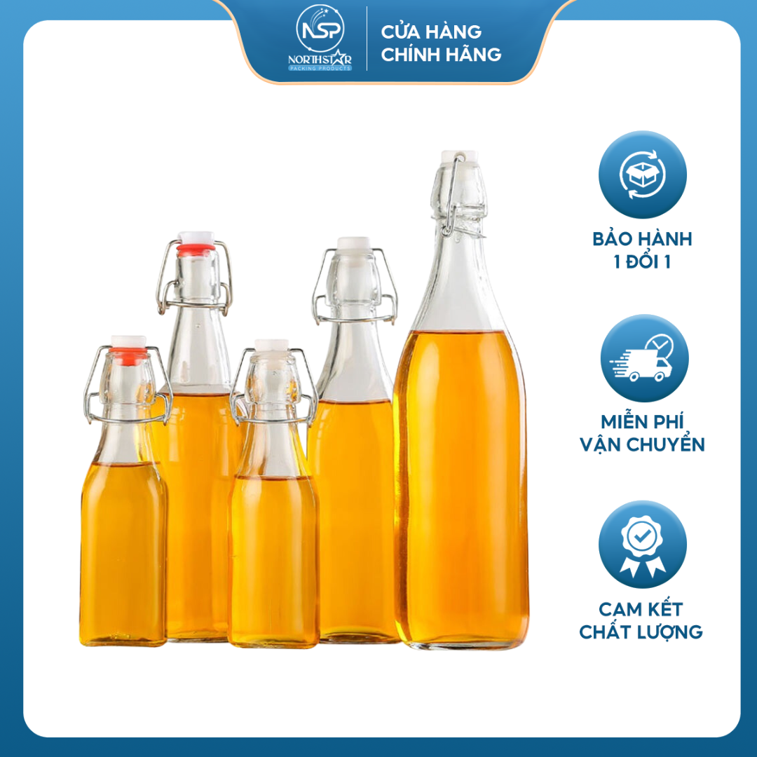 Chai Thủy Tinh Nắp Kẹp Inox, Dung Tích 500ml 1000ml, Nắp Cài Inox Kín Dễ Dàng Vệ Sinh - North Star Packing