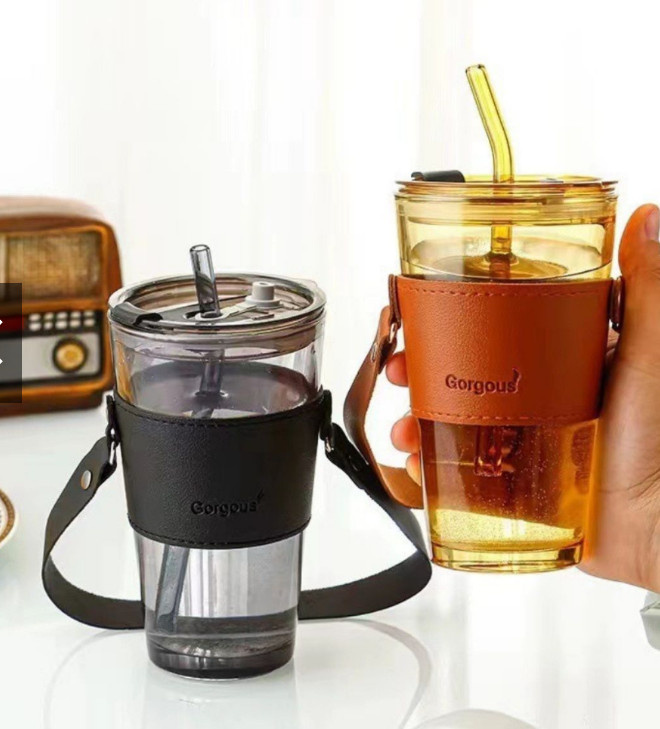 Cốc/Ly Borgous Bao Da 450ml Có Ống Hút– Cốc Thủy Tinh Bọc Da Có Nắp Đựng Nước- North Star Packing