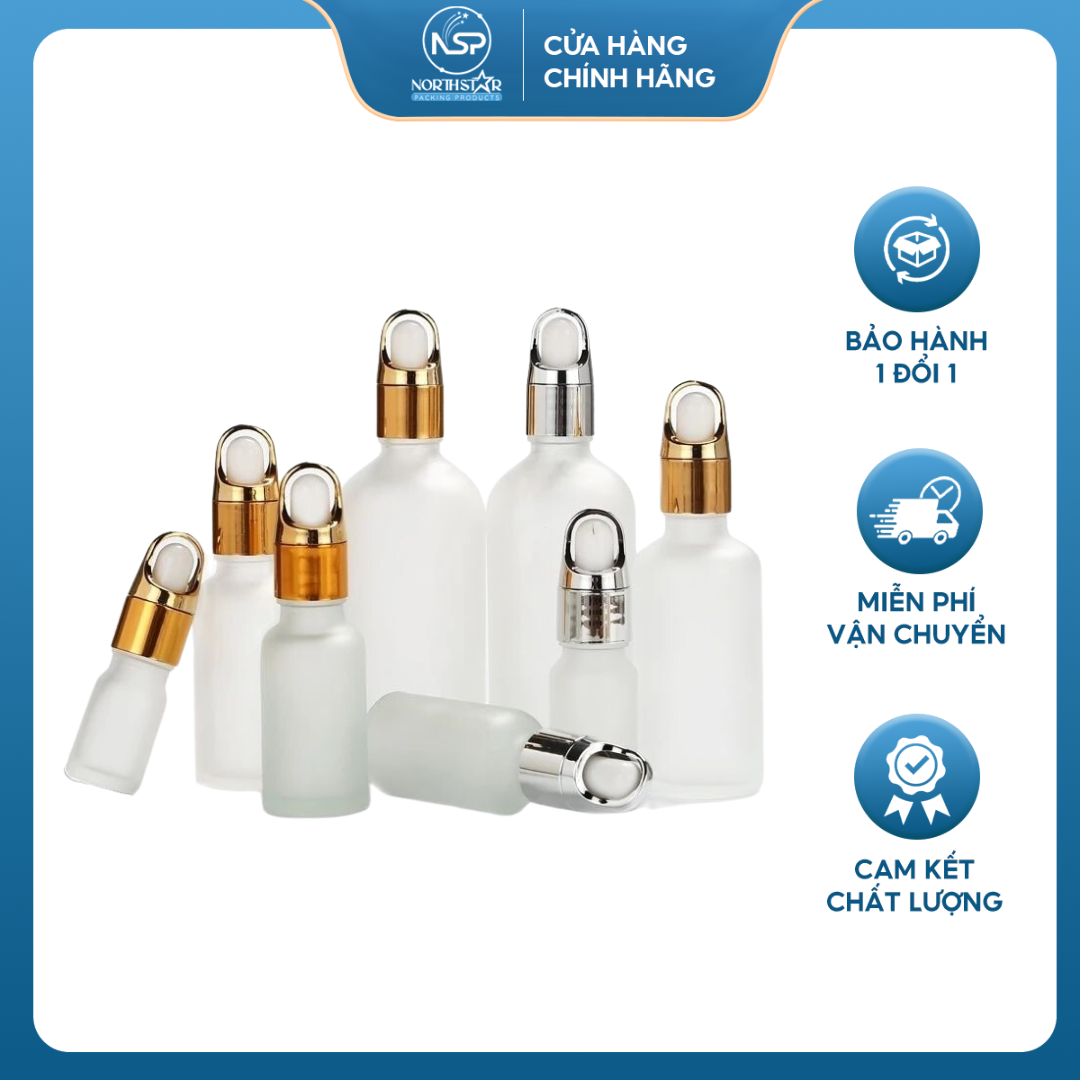 Chai Serum, Tinh Dầu Thủy Tinh Trắng Mờ Khoen, Quay Xách Bóp Giọt, Đa Dạng Dung Tích - North Star Packing