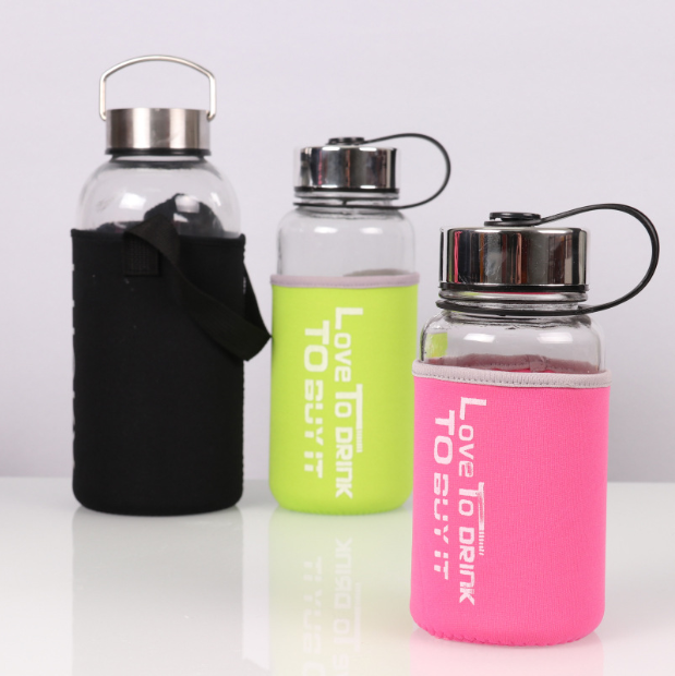 Bình Thủy Tinh Đựng Nước Cao Cấp Dung tích 750ml Kèm Bọc Vải Và Quai Sách, Có Vạch Giờ Nhắc Uống Nước