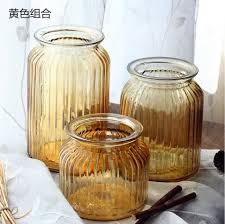 Lọ Hoa Thủy Tinh 18 - 25cm Màu Hổ Phách, Dáng Trụ Sọc, Phong Cách Vintage - North Star Packing