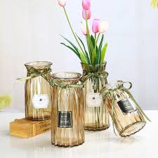 Lọ Hoa Thủy Tinh 18 - 25cm Màu Hổ Phách, Dáng Trụ Sọc, Phong Cách Vintage - North Star Packing