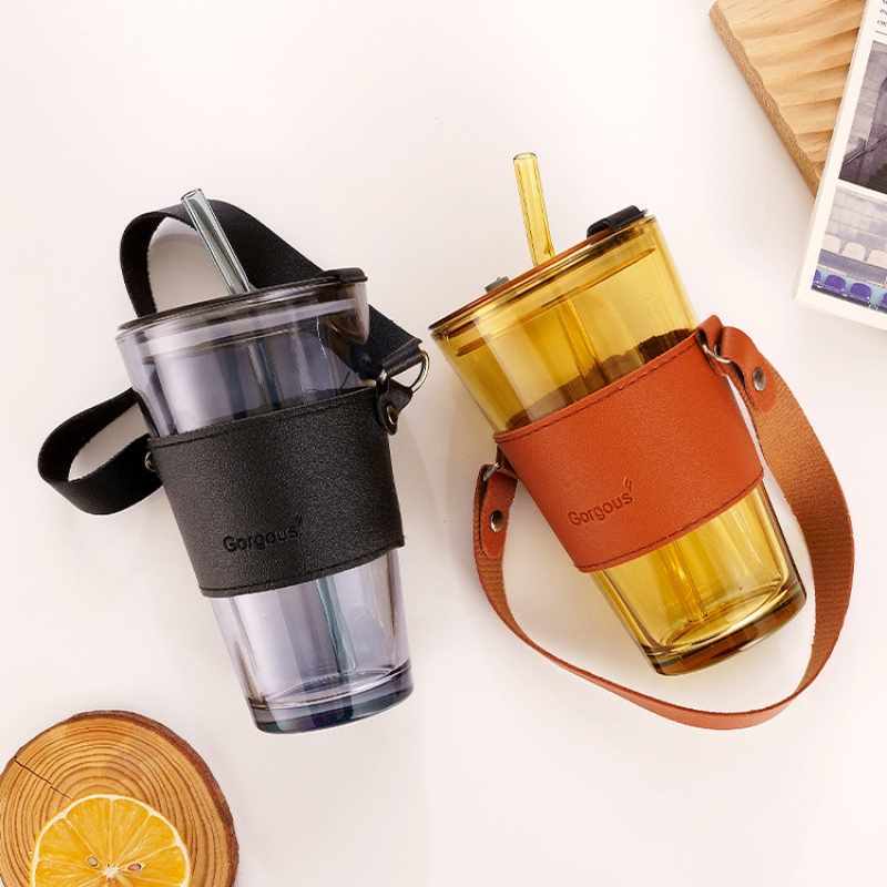 Cốc/Ly Borgous Bao Da 450ml Có Ống Hút– Cốc Thủy Tinh Bọc Da Có Nắp Đựng Nước- North Star Packing