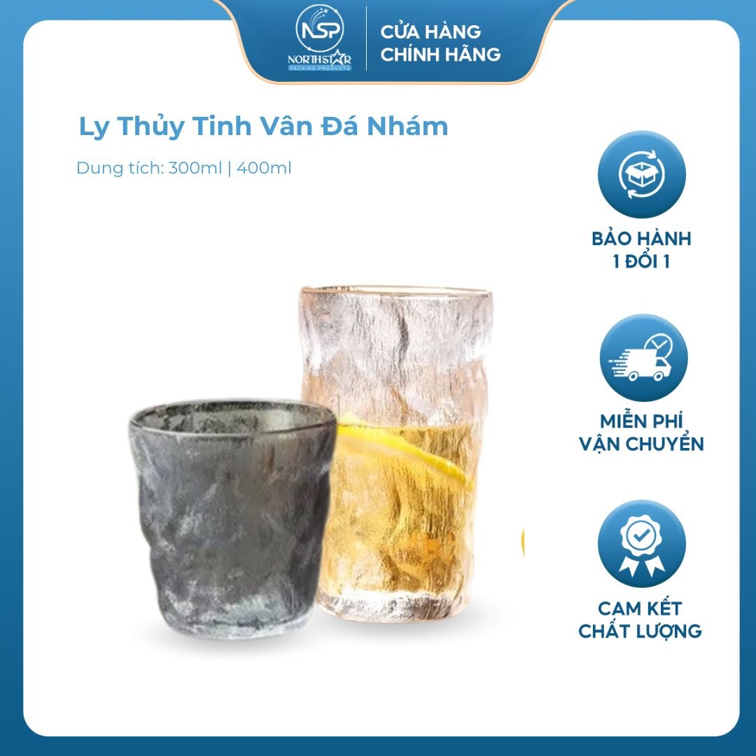 Cốc/Ly Thủy Tinh Chịu Nhiệt Thiết Kế Vân Đá Nhám 300ml- 400ml, Thủy Tinh Pha Lê Cao Cấp - North Star Packing