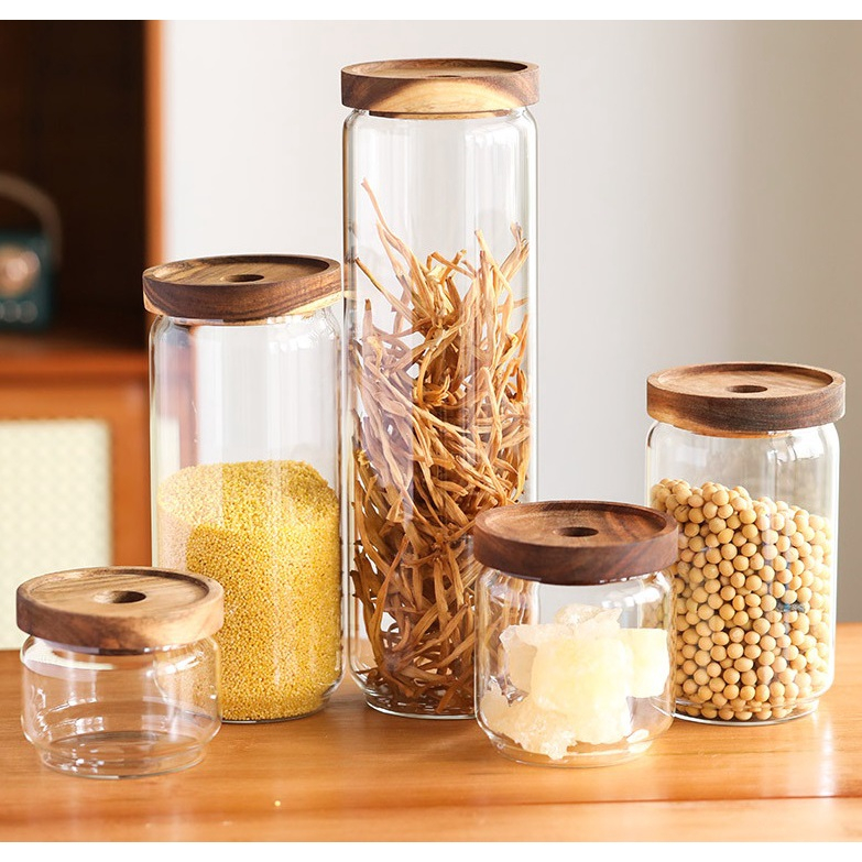 Lọ Thủy Tinh Nắp Gỗ Có Lỗ, Nhiều Dung Tích 250ml 450ml 750ml 950ml 1550ml, Đựng Các Loại Hạt, Cà Phê - North Star Packing