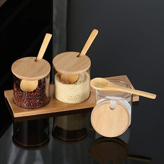 Bộ 3 Lọ Thủy Tinh Đựng Gia Vị Nắp Gỗ, Hũ Thủy Tinh Decor, Trang Trí Nhà Bếp - North Star Packing