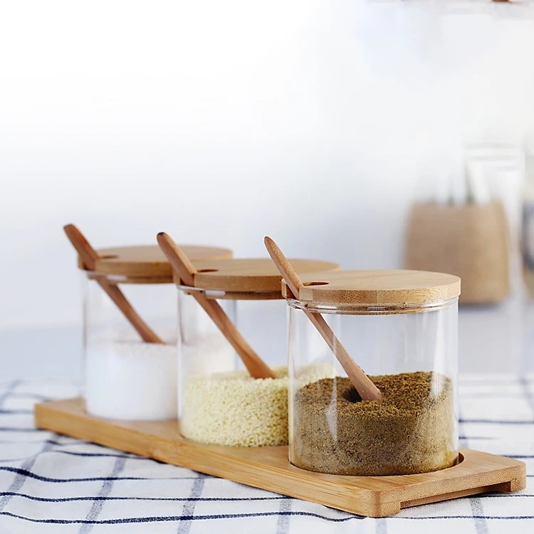 Bộ 3 Lọ Thủy Tinh Đựng Gia Vị Nắp Gỗ, Hũ Thủy Tinh Decor, Trang Trí Nhà Bếp - North Star Packing