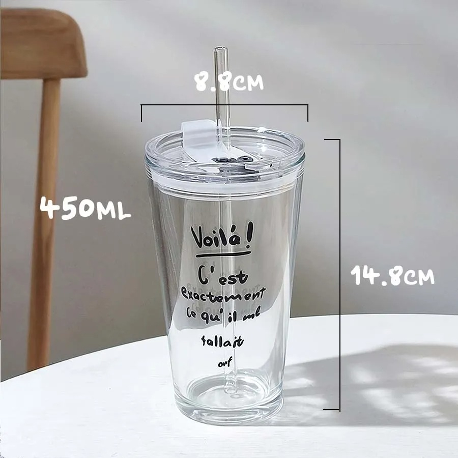 Cốc Thủy Tinh 450ml Có Nắp Và Ống Hút, In Chữ Voilá, Chất liệu Cao Cấp Dày Dặn