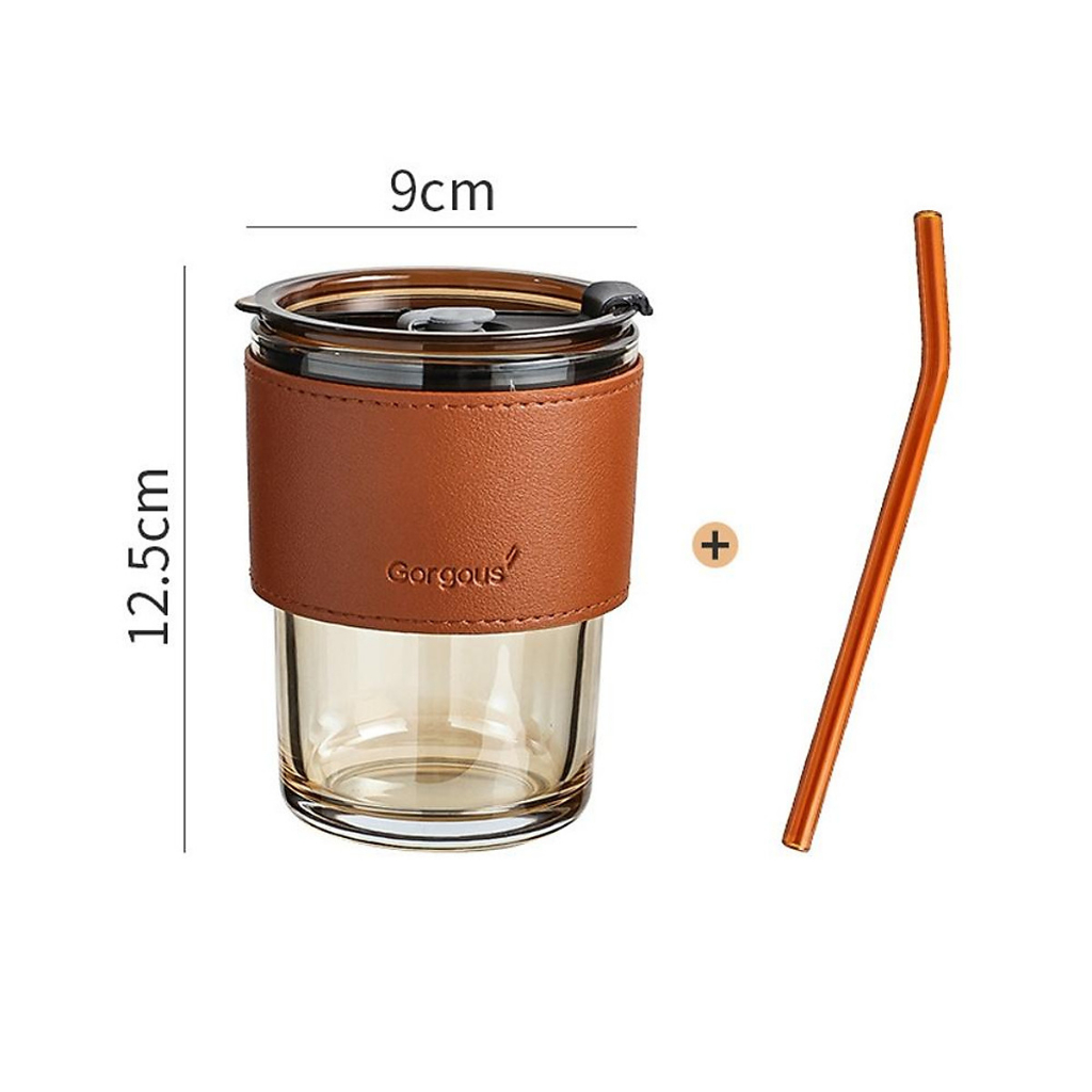 Cốc Thủy Tinh Gorgouse Có Nắp 450ml, Kèm Ống Hút Và Bao Da, 02 Màu Xinh Xắn